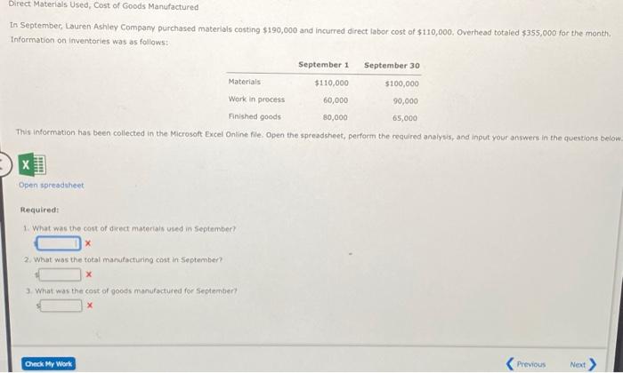 How to find cost of direct materials used
