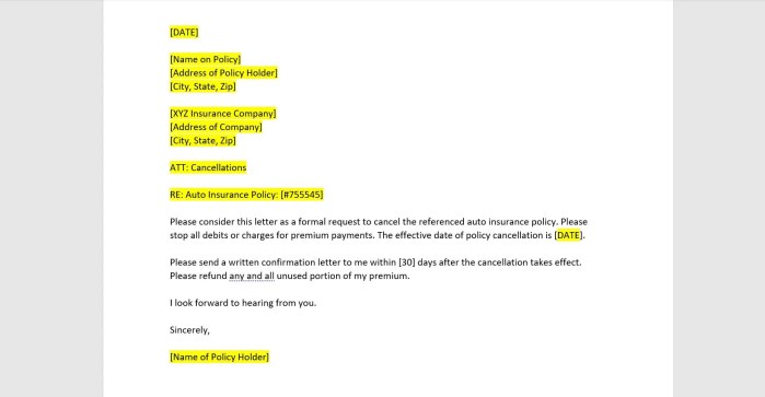 Letter of cancellation of car insurance